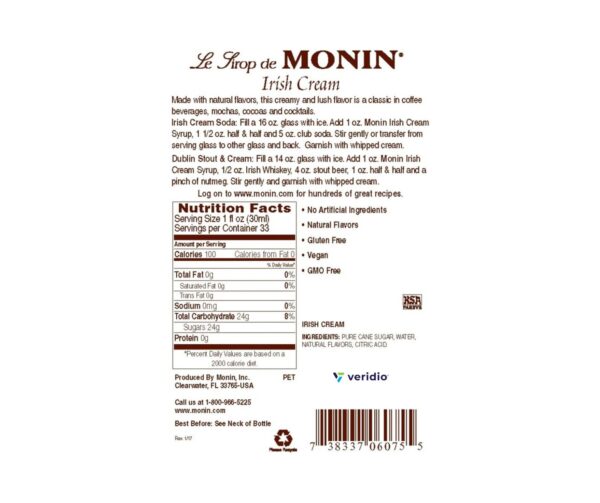 Jarabe Crema Irlandesa Monin 750 ml (Irish Cream) - Imagen 4