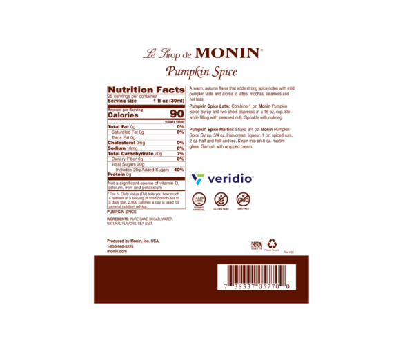 Jarabe Calabaza Especiada Monin 750 ml (Pumpkin Spice) - Imagen 3