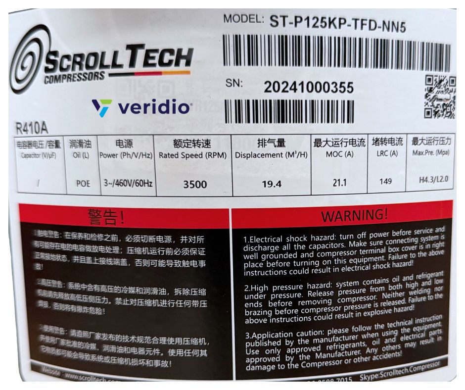 Compresor ScrollTech 10 HP 460V R410A ST-P125KP-TFD-NN5 Trifásico - Imagen 3