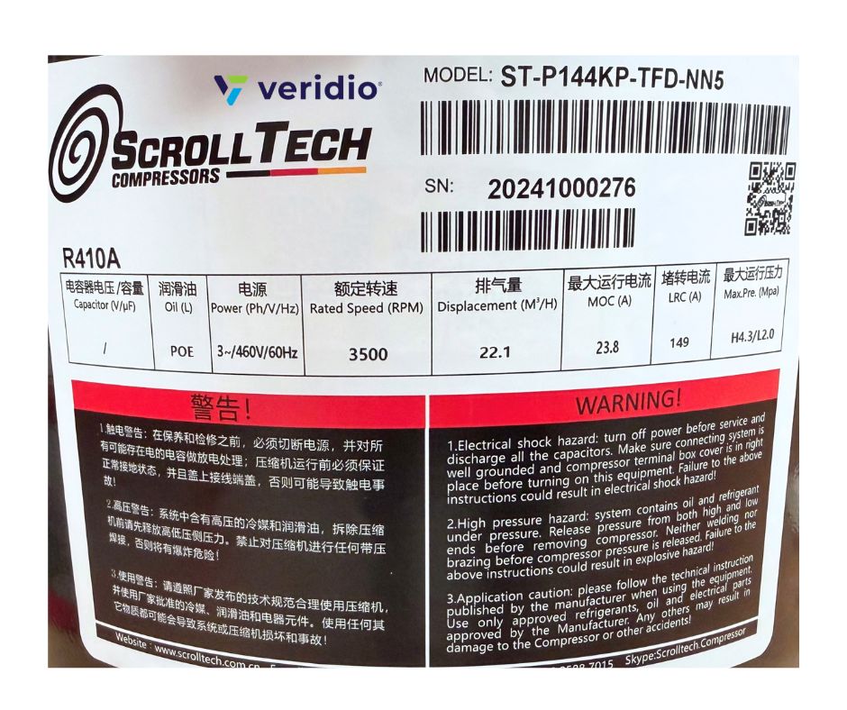 Compresor ScrollTech 12 HP 460V R410A ST-P144KP-TFD-NN5 Trifásico - Imagen 3